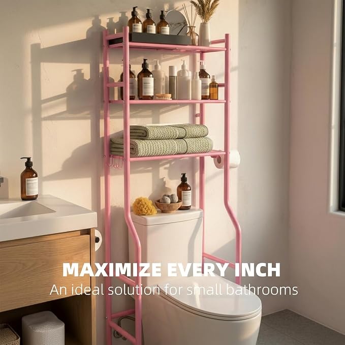GloTika 3-Tier Over Toilet Storage, Anti-Tilt, 64" H, Pink | Anti-Tilt Safety System, 150lb Capacity, Carbon Steel, Freestanding, No Drilling, Anti-Rust Coating, Paper Holder & 4 Hooks