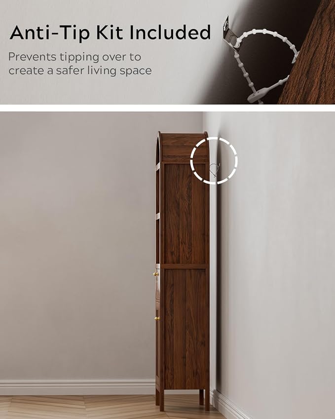 EYYTHUNG 67" Tall Arched Bathroom Narrow Storage Cabinets Set of 2 with Adjustable Shelf, Farmhouse Freestanding Tower Cabinet with Door and Drawer for Kitchen, Living Room, Brown