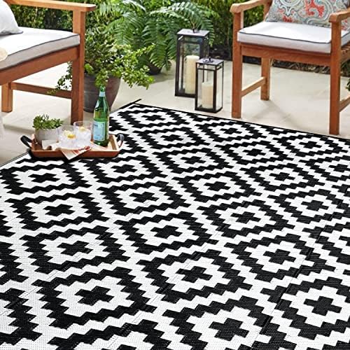 SAND MINE Waterproof Outdoor Rug 6x9 ft, Reversible Mats, Modern Area Rug, Large Floor Mat and Rug for Outdoors, RV, Patio, Backyard, Deck, Picnic, Beach, Trailer, Camping, Black & White Lattice