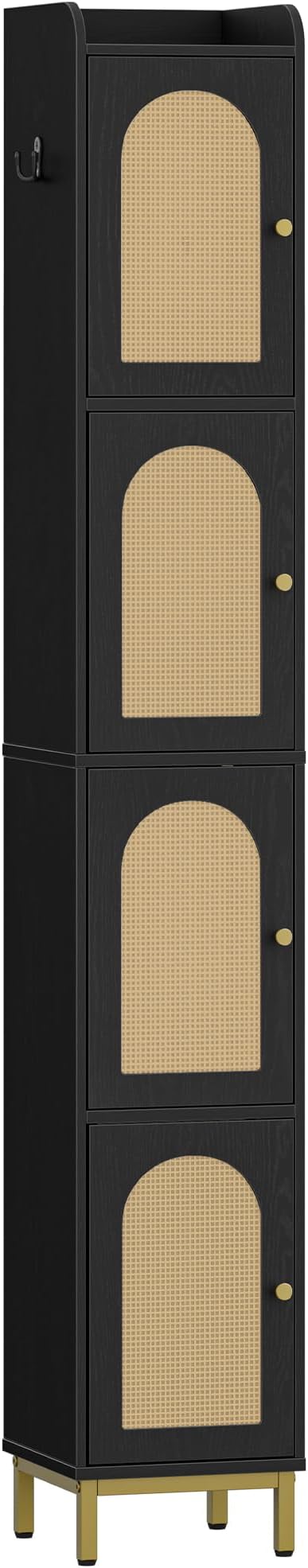 Hzuaneri 4-Tier Narrow Tall Storage Cabinet | Slim Bathroom Storage Cabinet with 4 Adjustable Feet and Shelves,for Living Room,Laundry Room,Rattan Black,11"Dx11"Wx70.9"H