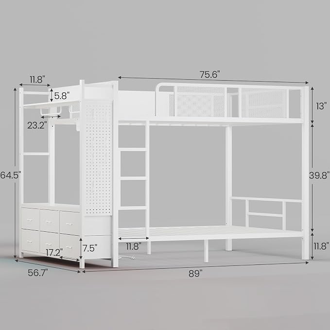Itaar Metal Bunk Bed Full Over Full with Hall Tree, Power Outlet, LED Bunk Bed with 6 Storage Drawers, Bed with 13‘’ Safety Guardrail & Ladders for Kids and Teen, 400lb Weight Capacity, White