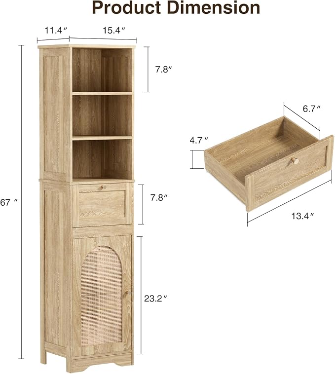 Tall Narrow Rattan Bathroom Storage Cabinet with Doors and Drawers, Natural | Freestanding Skinny Tower Linen Cabinet, Rattan Door, Rattan Drawer, Adjustable Shelves, Open Storage, for Kitchen, Bathroom