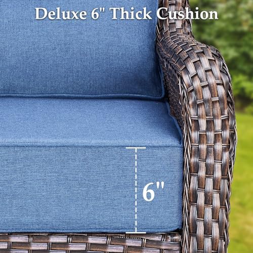 Luxury Outdoor Patio Furniture Set-Wicker High Backrest 3-Seat Patio Sofa with Comfy 6" Cushion, Rattan Couch with Deep Seat All-Weather Patio Conversation Set for Deck Backyard Garden(Brown/Blue)