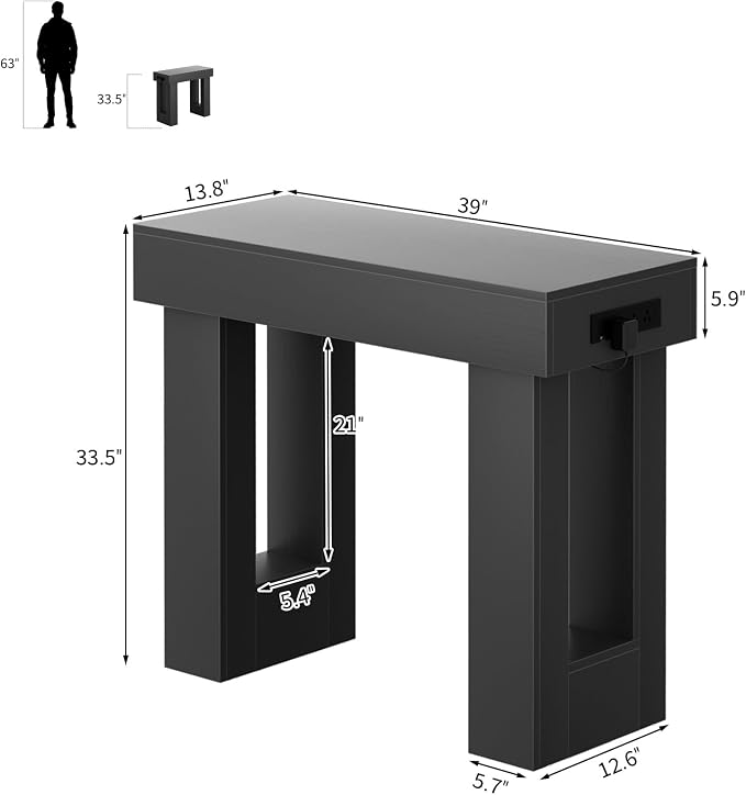 Unikito 39" Entry Table with Sensor Light and Power Outlets, Black