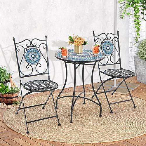 GIANTEX 24 Inch Patio Bistro Table, Mosaic Round Table w/Ceramic Tile Tabletop, Heavy-Duty Metal Structure, Outdoor Dining Table for Backyard, Garden, Porch (Multicolor (Floral Pattern))