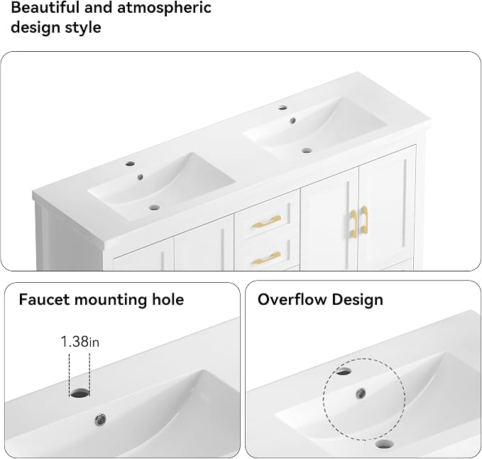 LUMISOL 60 Inch Double Sink Bathroom Vanity, Wooden Freestanding Bathroom Vanity with Soft-Closing Doors and 4 Storage Drawers, 60” Bathroom Cabinet with Resin Sink, White