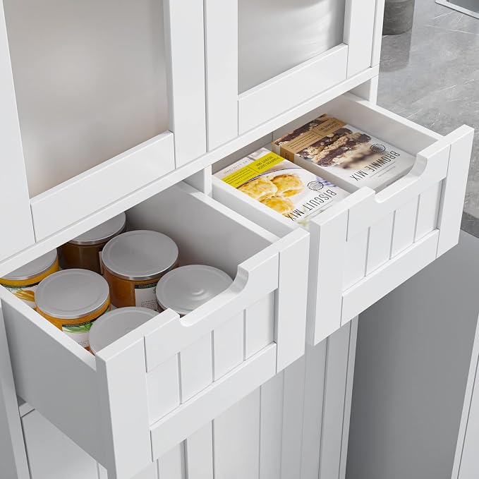 HORSTORS 67" H Bathroom Storage Cabinet, White Linen Cabinet with Drawers | Freestanding Bathroom Cabinet with Glass Door & Shelf, Modern Tall Storage Cabinet for Bathroom, Living Dining Room, Kitchen