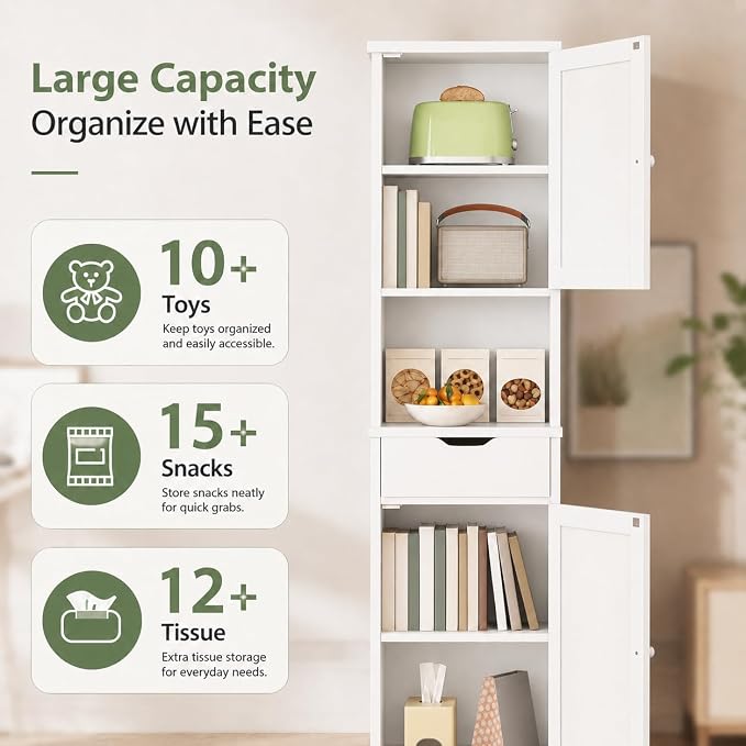 Walsunny Tall Bathroom Storage Cabinet with 6 Adjustable Shelves, White | Anti-Tip Safety, Waterproof MDF, 2 Doors + 1 Drawer, Easy Assembly, for Bathroom/Living Room/Kitchen