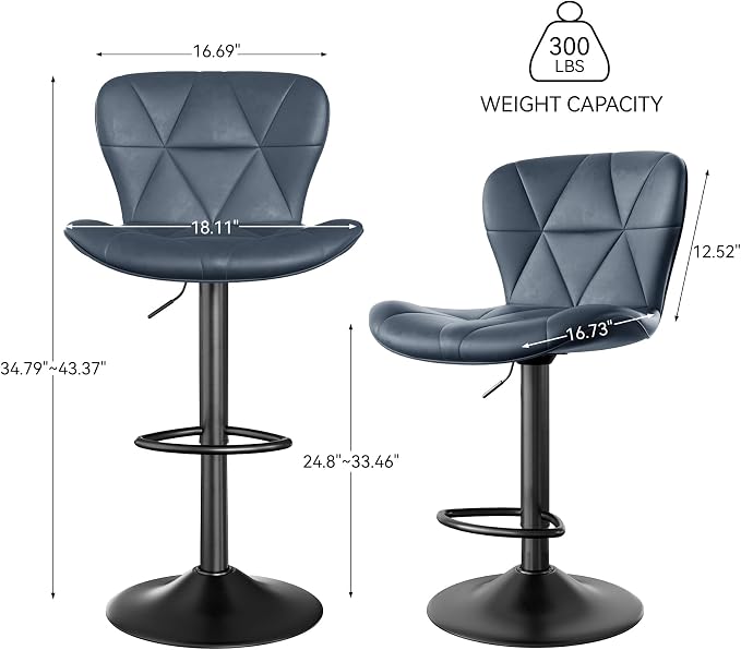 Nalupatio Modern Bar Stools Set of 3, Adjustable Faux Leather Upholstered Swivel Bar Stools, Counter Height Bar Chairs with Back for Kitchen Island, Dark Blue