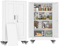 47" Metal Garage Storage Locker Cabinet with Wheels,Rolling White Kitchen Pantry Cabinet with 2 Doors and 3 Adjustable Shelves, Steel File Tool Cabinet for Home Office Living Dinning Room Warehouse