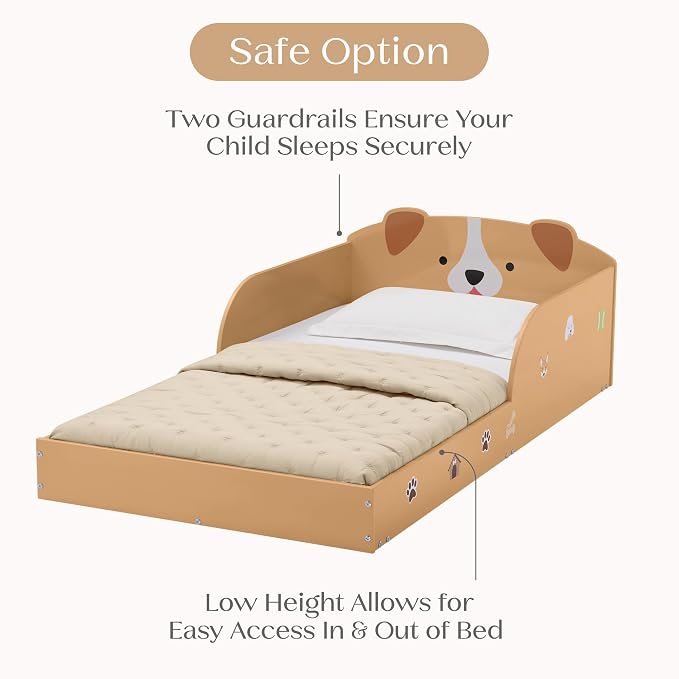 Delta Children Puppy Wood Floor Toddler Bed with Reusable Stickers, Brown