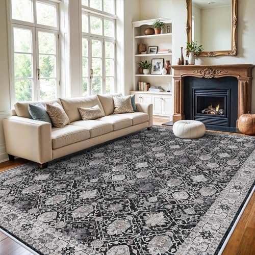 Vintage 10x14 Washable Area Rug: Large Living Room Rugs Indoor Soft Stain Resistant Carpet with Non-Slip Backing for Bedroom Dining Room Farmhouse Low Pile Floor Mat for King Size Bed (10x14 Black)