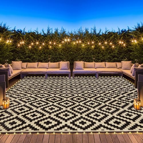 SAND MINE Reversible Mats with Led Strip Lights, Plastic Straw Rug, Modern Area Rug, Large Floor Mat for Outdoors, Patio, Backyard, Deck, Picnic, Camping, Black & Beige, 8' x 10'