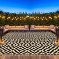 SAND MINE Reversible Mats with Led Strip Lights, Plastic Straw Rug, Modern Area Rug, Large Floor Mat for Outdoors, Patio, Backyard, Deck, Picnic, Camping, Black & Beige, 8' x 10'