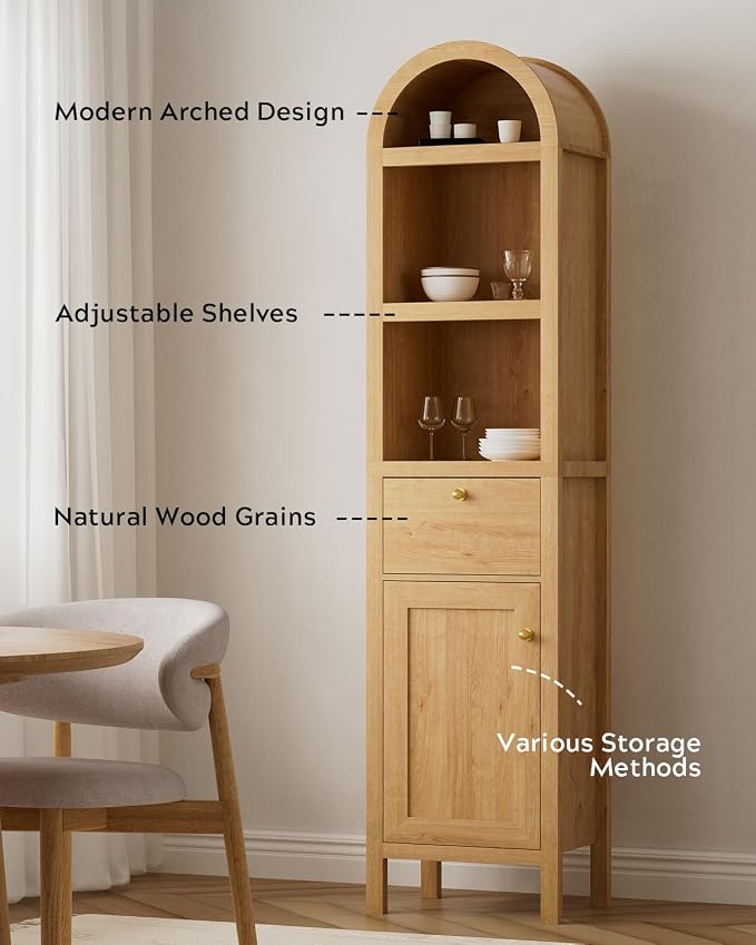 EYYTHUNG 67" Tall Arched Bathroom Narrow Storage Cabinet with Adjustable Shelf, Farmhouse Freestanding Tower Cabinet with Door and Drawer, Space Saving Organizer for Kitchen, Living Room, Natural Oak
