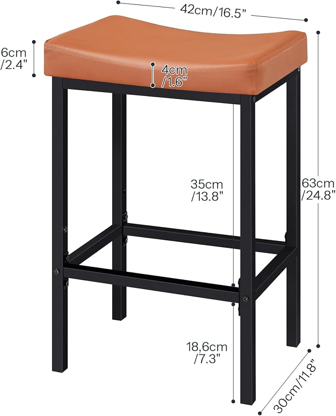 HOOBRO Bar Stools, Set of 2 Bar Chairs, Counter Height Stools, Saddle Barstools with Curved Surface, 24.8 Inches, 2.4" Thick Upholstery, for Kitchen, Dining Room, Cafe Orange-Brown and Black CB10BY01