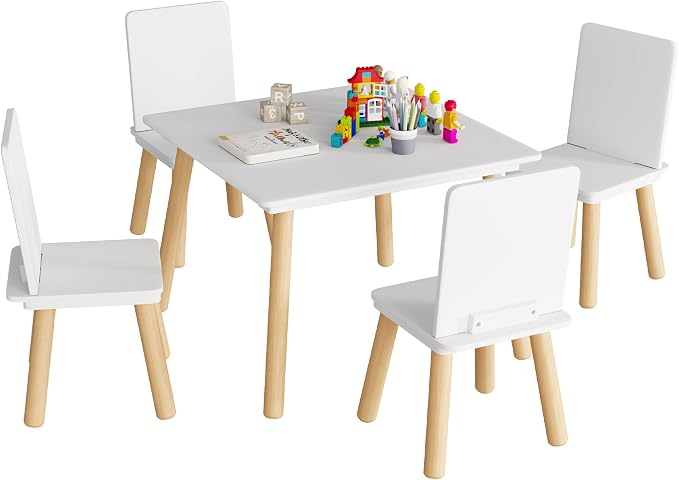 Kids Table and Chairs Set, 5 Pieces Toddler Table and Chair Set, Kids' Table & 4 Chair Sets, Kid Play Table for Daycare, Classroom, Home (White)
