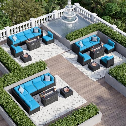 Aoxun 8 Piece Patio Furniture Set with 44” Fire Pit Table, Wicker Rattan Patio Sectional Sofa, Outdoor Furniture Set with Thickened Cushion, Peacock Blue