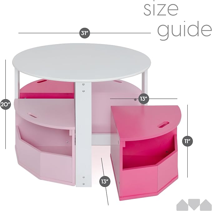 Milliard Toddler Table and Chair Set – Round Kids Activity Table With 4 Storage Stools, Nesting Design for Toddlers, Kids Play Table with Storage - Space-Saving Playroom Kids Furniture - (Pink)