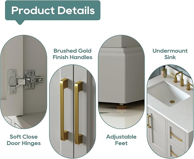 36 Inch Bathroom Vanity with Sink Combo, Greige | Solid Wood Frame with Marble Top & Backsplash & Ceramic Sink, Fully-Assembled with Soft-Closing Doors & 4 Dovetail Drawers