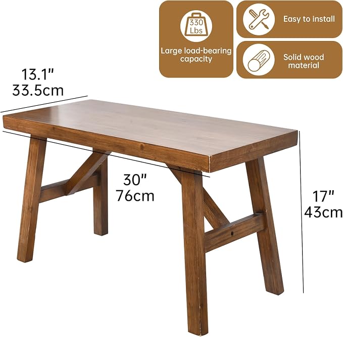 SwallowLiving Handcrafted Solid Wood Bench, 30" - Farmhouse-Style Entryway Seating for Living & Dining Room, Rustic Design, Natural Finish
