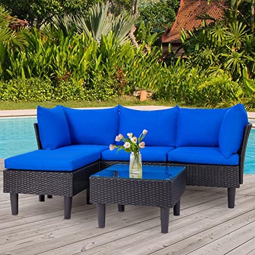 FDW 5-Piece Patio Furniture Set | Blue | Outdoor Wicker Furniture