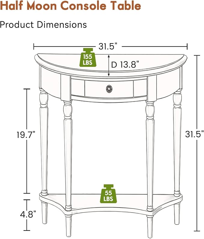 Half Moon Console Table Solid Wood Vintage Entryway Table with Storage Drawer Small Hallway Table for Entryway Half Round Foyer Tables Walnut Entry Way Tables For Entrance (Walnut, W-31.5")