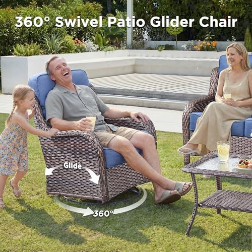 Luxury 5 Piece Patio Furniture Set-All Weather Outdoor Swivel Rocker Chairs with 6" Thick Cushions Multifunctional Ottoman Rattan Patio Conversation Sets for Porch Deck Garden Backyard(Brown/Blue)