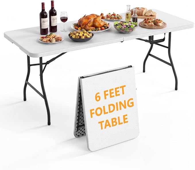 6 Foot Folding Table, Fold-in-Half Utility Table with Carrying Handle, 6FT Heavy Duty Portable Table for Party, Wedding, Picnic, Camping, Indoor & Outdoor, White