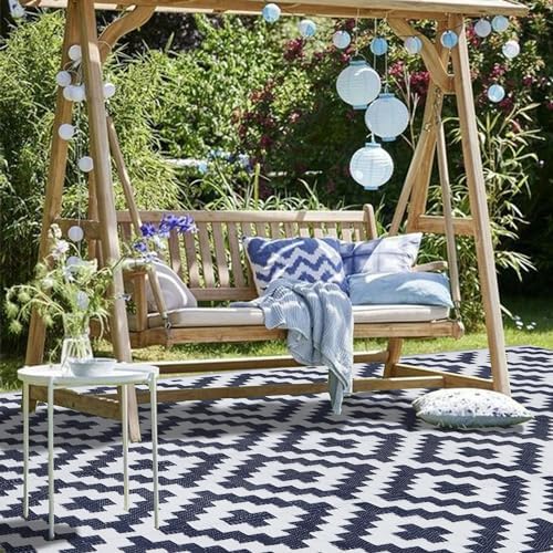 SAND MINE Reversible Mats, Plastic Straw Rug, Modern Area Rug, Large Floor Mat and Rug for Outdoors, RV, Patio, Backyard, Deck, Picnic, Beach, Trailer, Camping, Dark Blue & White, 5' x 8'