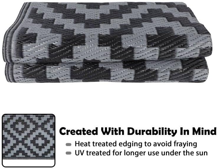 SAND MINE Waterproof Outdoor Rug 4x6 ft, Reversible Mats, Modern Area Rug, Large Floor Mat and Rug for Outdoors, RV, Patio, Backyard, Deck, Picnic, Beach, Trailer, Camping, Black & Grey Lattice