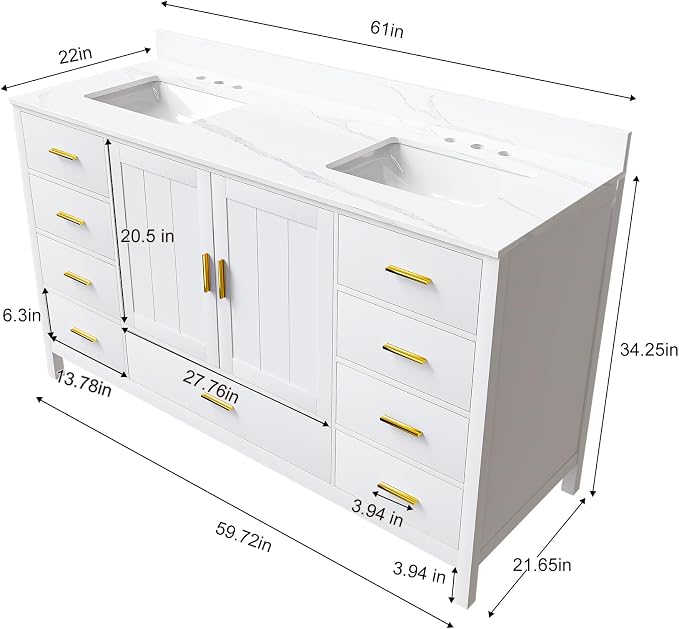 Montary 60" Bathroom Vanity with 2 Sinks & 61" Carrara Quartz Top | with 6 Pre-Drilled Faucet Holes, Solid Wood Cabinet, Soft-Close Double Doors & 9 Smooth-Glide Drawers,White
