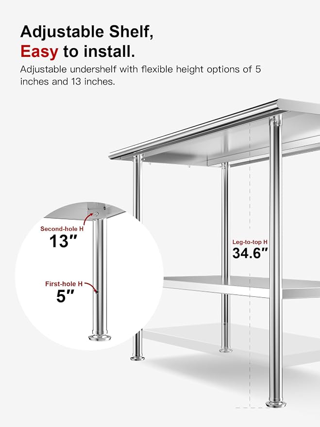 Atelicf NSF Stainless Steel Prep Table 24X48 inch, Rounded Flat Top