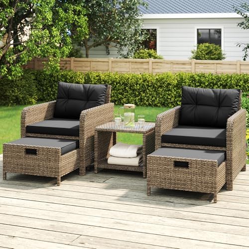 LHBcraft 5 Piece Patio Furniture Set, PE Wicker Outdoor Furniture Set with Soft Cushions & Coffee Table, Outdoor Lounge Chairs with Ottoman for Porch, Lawn, Balcony, Sand-Black