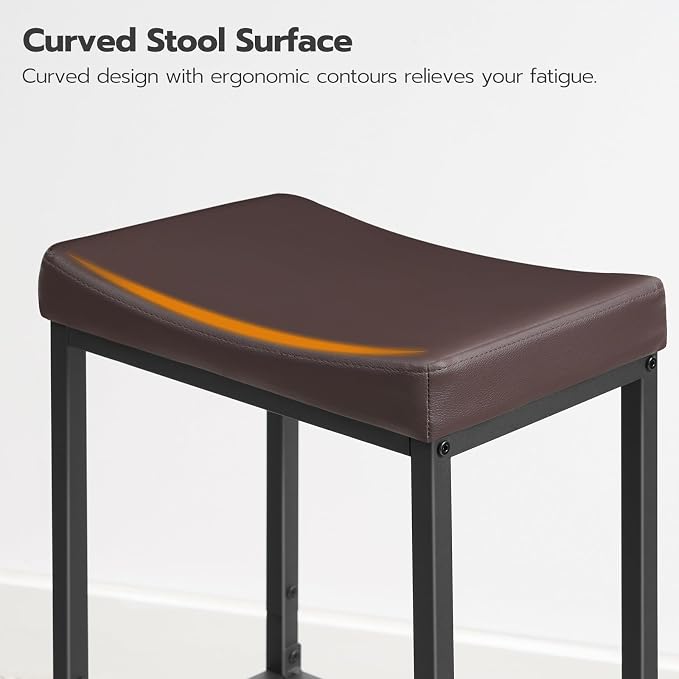 HOOBRO Bar Chairs, Set of 2 Counter Height Saddle Stools with Curved Surface, 24.8 Inches, 2.4" Thick Upholstery, for Kitchen and Dining Room, Brown and Black BC10BY01
