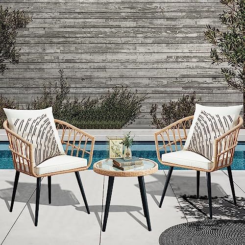 PORWEY 3 Piece Patio Bistro Set, Outdoor Wicker Balcony Furniture Sets
