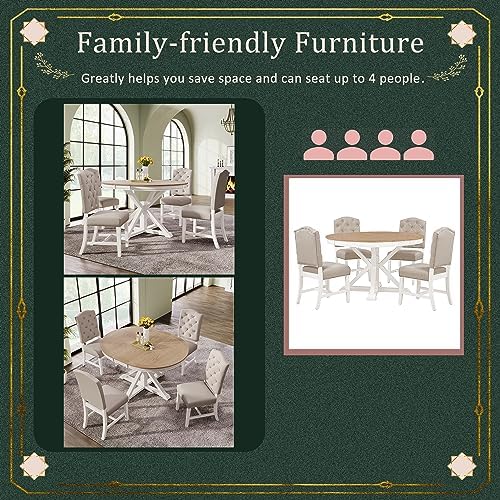 LUMISOL 5-Piece Solid Wood Dining Table Set for 4, Farmhouse Extendable Round Kitchen Table Set with 4 Upholstered Chairs for Kitchen, Dining Room, Living Room, Oak Natural Wood + Off White