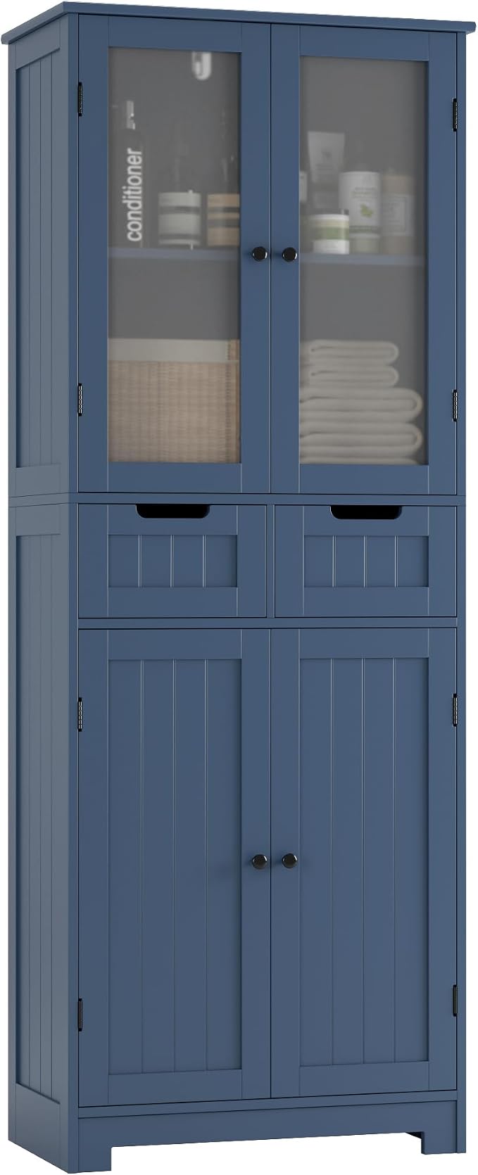 HORSTORS 67" H Bathroom Storage Cabinet, Blue Linen Cabinet with Drawers | Freestanding Bathroom Cabinet with Glass Door & Shelf, Modern Tall Storage Cabinet for Bathroom, Living Dining Room, Kitchen