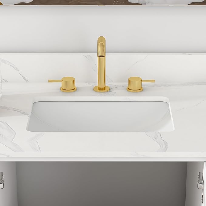 Montary 48" Bathroom Vanity with Sink & 49" Carrara Quartz Top | with 3 Pre-Drilled Faucet Holes, Solid Wood Cabinet, Soft-Close Double Doors & 9 Smooth-Glide Drawers,White