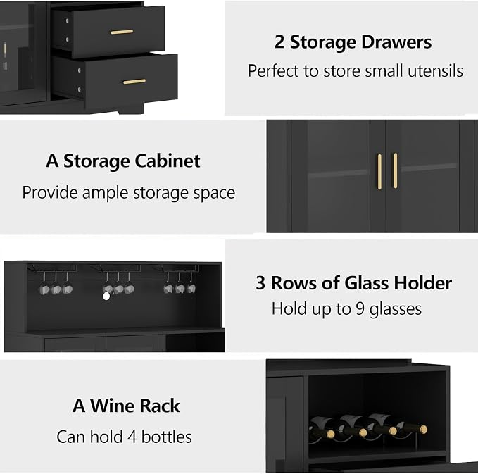 Bar Cabinet for Home with LED Light,Coffee Bar Cabinet w/ Wine & Glass Rack