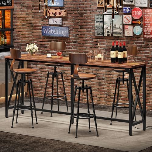 CHOEZON 70.9'' Bar Table, Kitchen Dining Table with Power Outlet and Footrest, Industrial Style, for Pub, Living Room, Rustic Brown and Black TBT08UBF