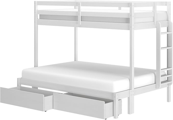 Grain & Grove Bear Twin Over Full Bunk Bed with Trundle Bed, Sturdy Bunk Bed Frame for Kids, Plywood Bunk with Ladder, Guardrail, and Slats, No Box Spring Required, Brushed White