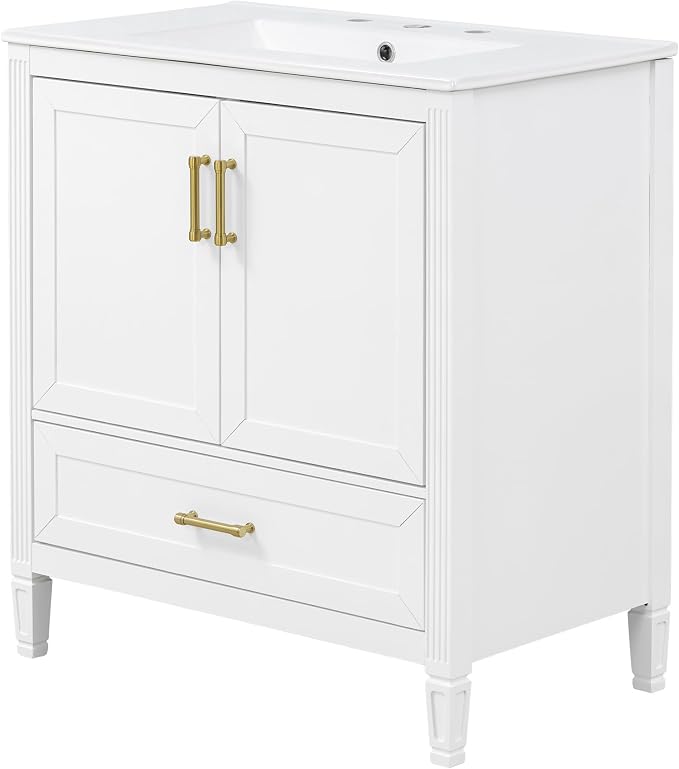 Merax 30" Bathroom Vanity with Undermount Ceramic Sink, Cabinet with Two Door Rack Shelves and One Drawer, Soft Closing Doors, White