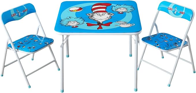 Idea Nuova 3-Piece Furniture Set with 1 Square Table & 2 Folding Chairs for Kids, Cat in The Hat