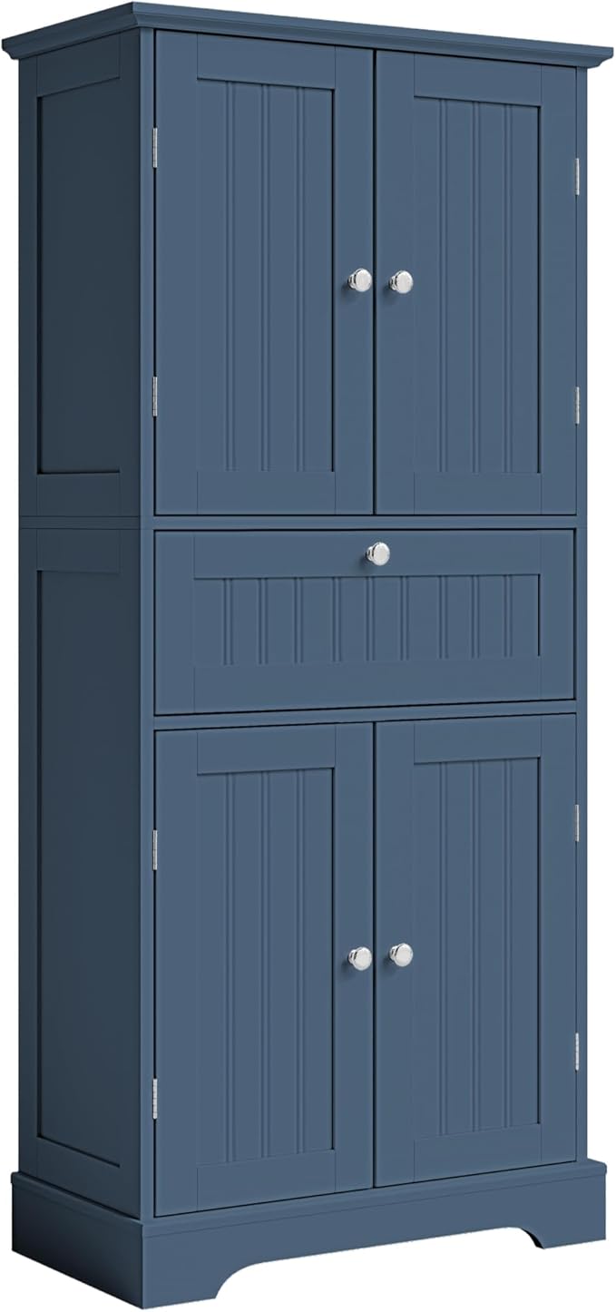 ChooChoo 51" H Bathroom Floor Cabinet with Drawers and Adjustable Shelves | Bathroom Storage Cabinet, Freestanding Kitchen Pantry Cupboard with 4 Doors for Living Room, Blue