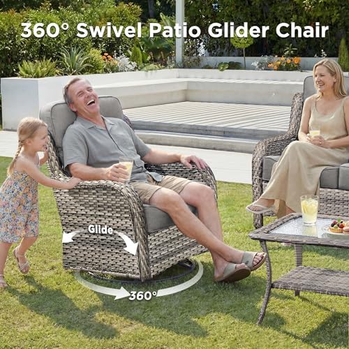 Luxury Patio Furniture Set with Fire Pit Table-6 Pieces All Weather Outdoor Swivel Rocker Chairs with Sofa and Ottomans. Outdoors Patio Conversation Sets for Porch Deck Garden Backyard(Grey/Grey)