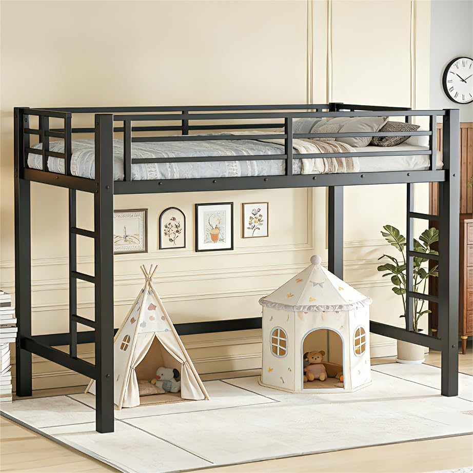 Bellemave Twin Size Loft Bed Frame with 2 Ladder, Sturdy Metal Construction & High Guardrail, Space-Saving Twin Loft Bed for Kids, No Box Spring Needed, Safe for Kids, Adults, Teens, Dorms, Black