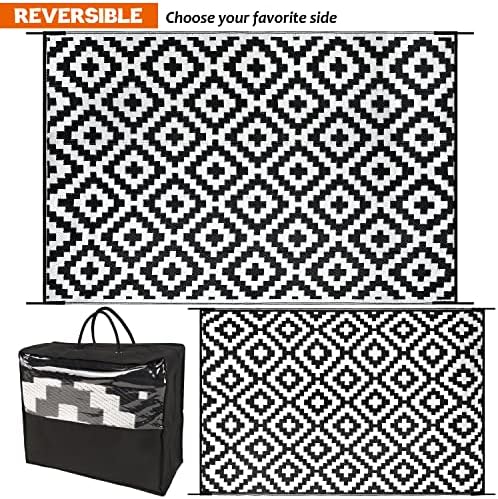 SAND MINE Waterproof Outdoor Rug 6x9 ft, Reversible Mats, Modern Area Rug, Large Floor Mat and Rug for Outdoors, RV, Patio, Backyard, Deck, Picnic, Beach, Trailer, Camping, Black & White Lattice