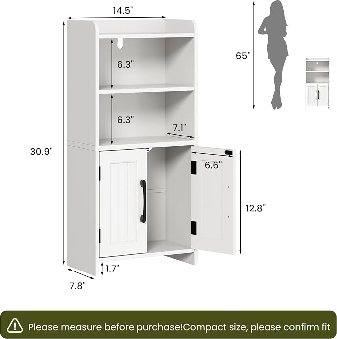Small Bathroom Storage Cabinet with 2 Doors & Shelf, Line White | Narrow Storage Organizer, Toilet Paper Floor Cabinets Freestanding, for Small Spaces, Laundry Room, 7.8" D x 14.6" W x 31" H