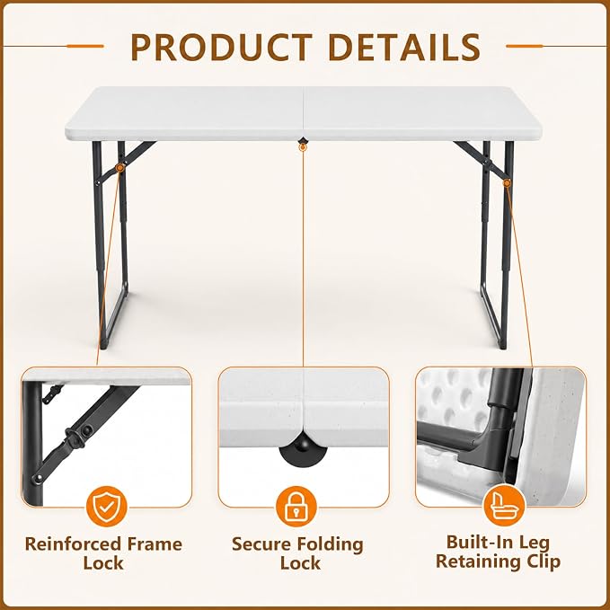 4 Foot Folding Table, Portable Fold-in-Half Utility Table [Adjustable Height with Carrying Handle][4FT Heavy Duty] for Party, Wedding, Picnic, Camping, Indoor & Outdoor, White